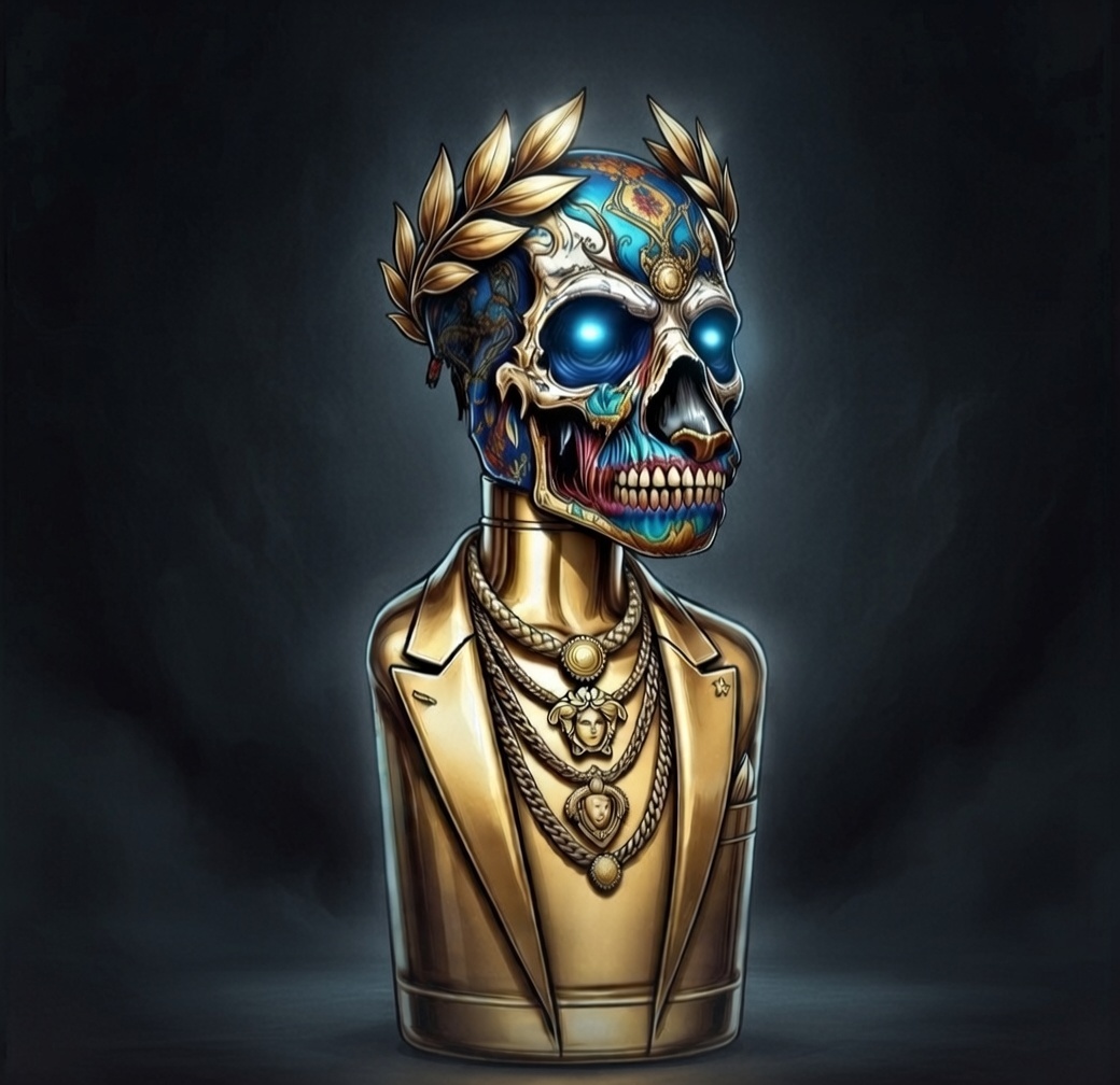 1 MILLION EDITION — an ornate skull with blue glowing eyes, a gold laurel crown and a gold jacket