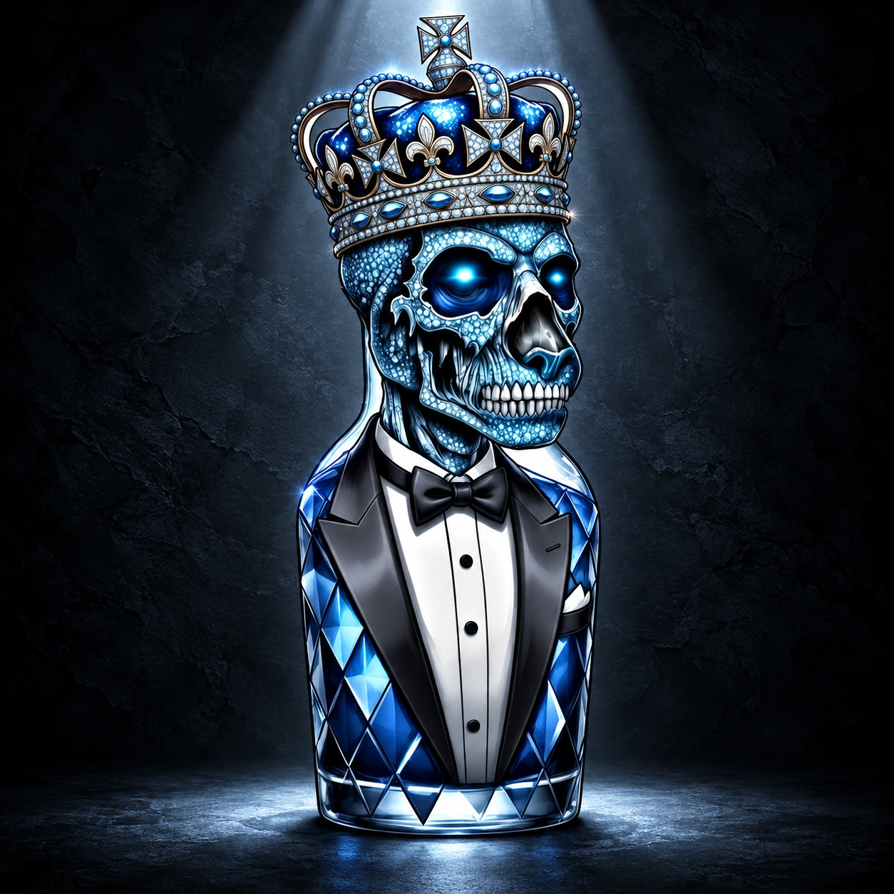 Crypto Diamond King #25 — a crowned blue diamond skull in a tuxedo, lit from above against black slate