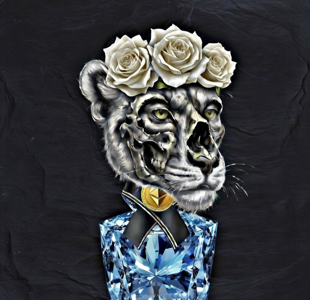 Crypto Legend Panther Luxury #21 — a silver panther with white roses and a blue diamond suit