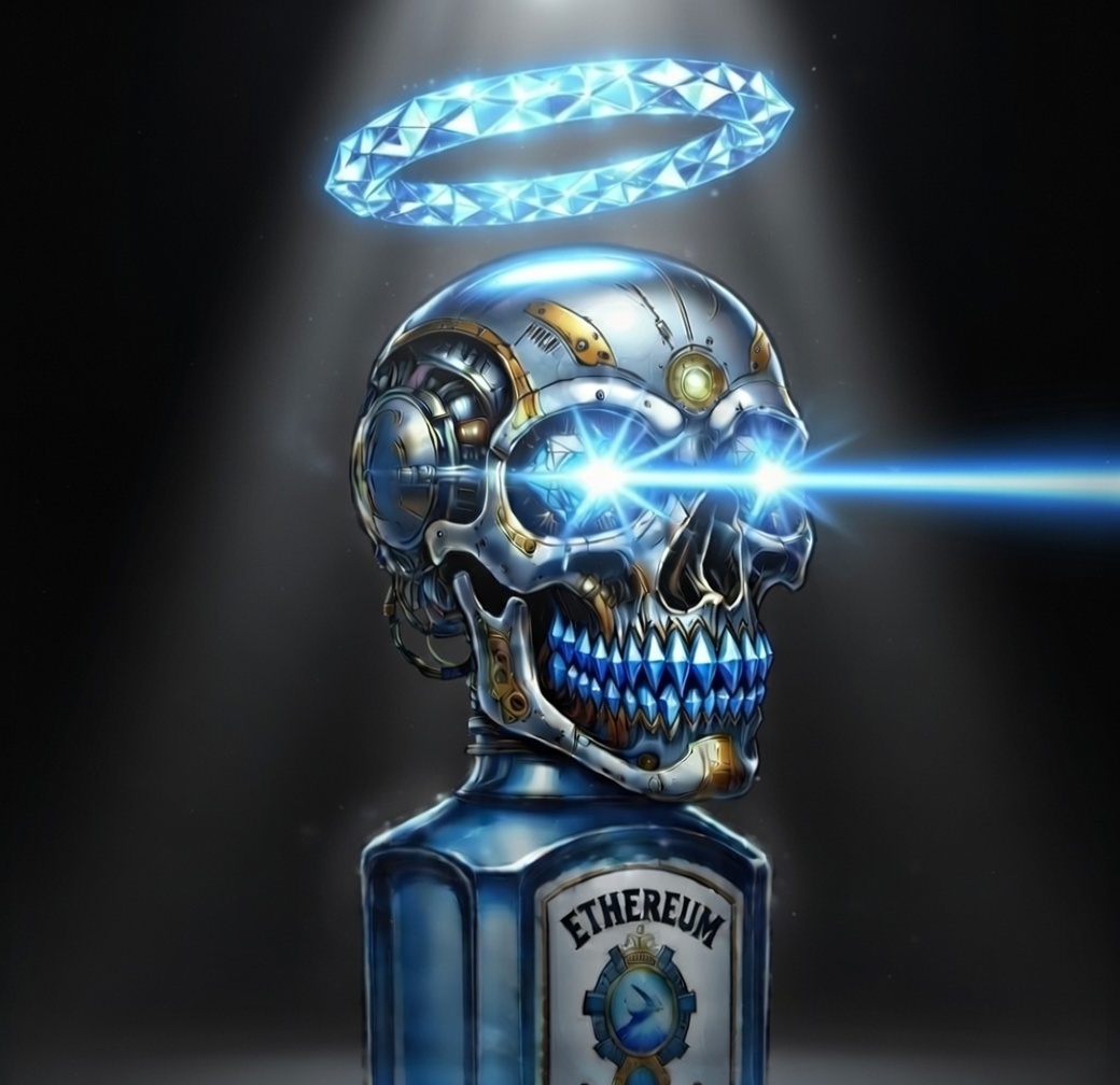 Ethereum Laser Skull Angel — a metallic skull with blue laser eyes and a diamond halo